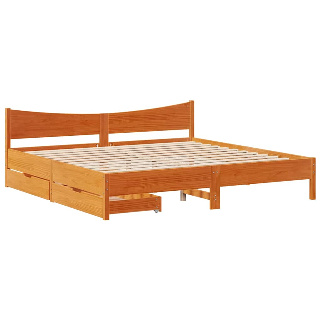 Estrutura de cama de casal simple c/ gavetas 180x200 cm pinho castanho cera