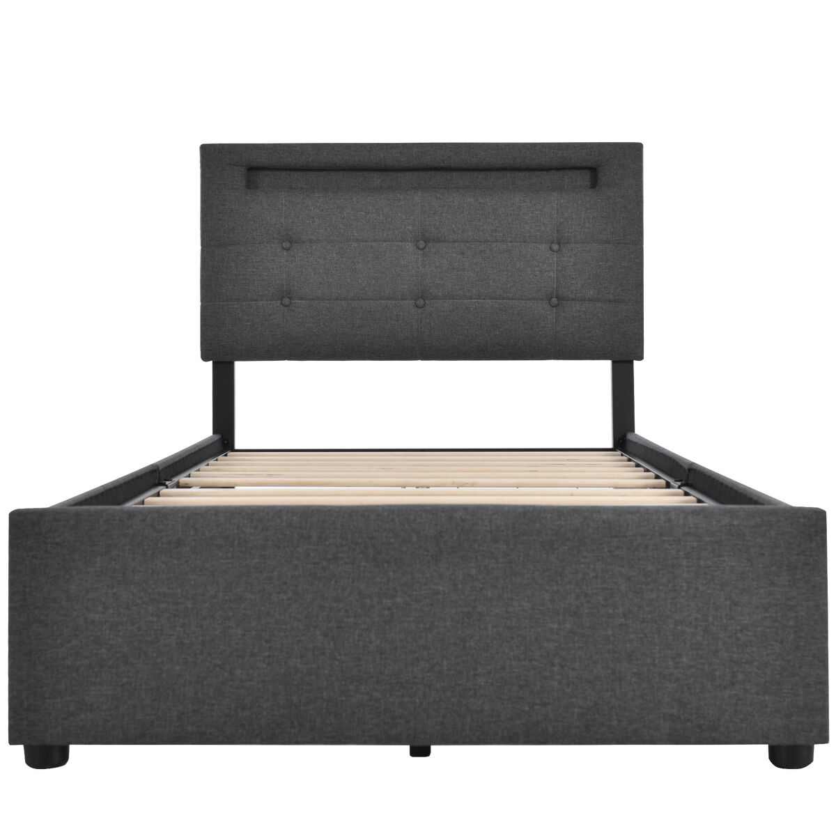 Mobrio Cama Estofada 90X200cm - Com Led, 2 Gavetas, Cabeceira Ajustável, Estrutura Em Madeira - Cinza