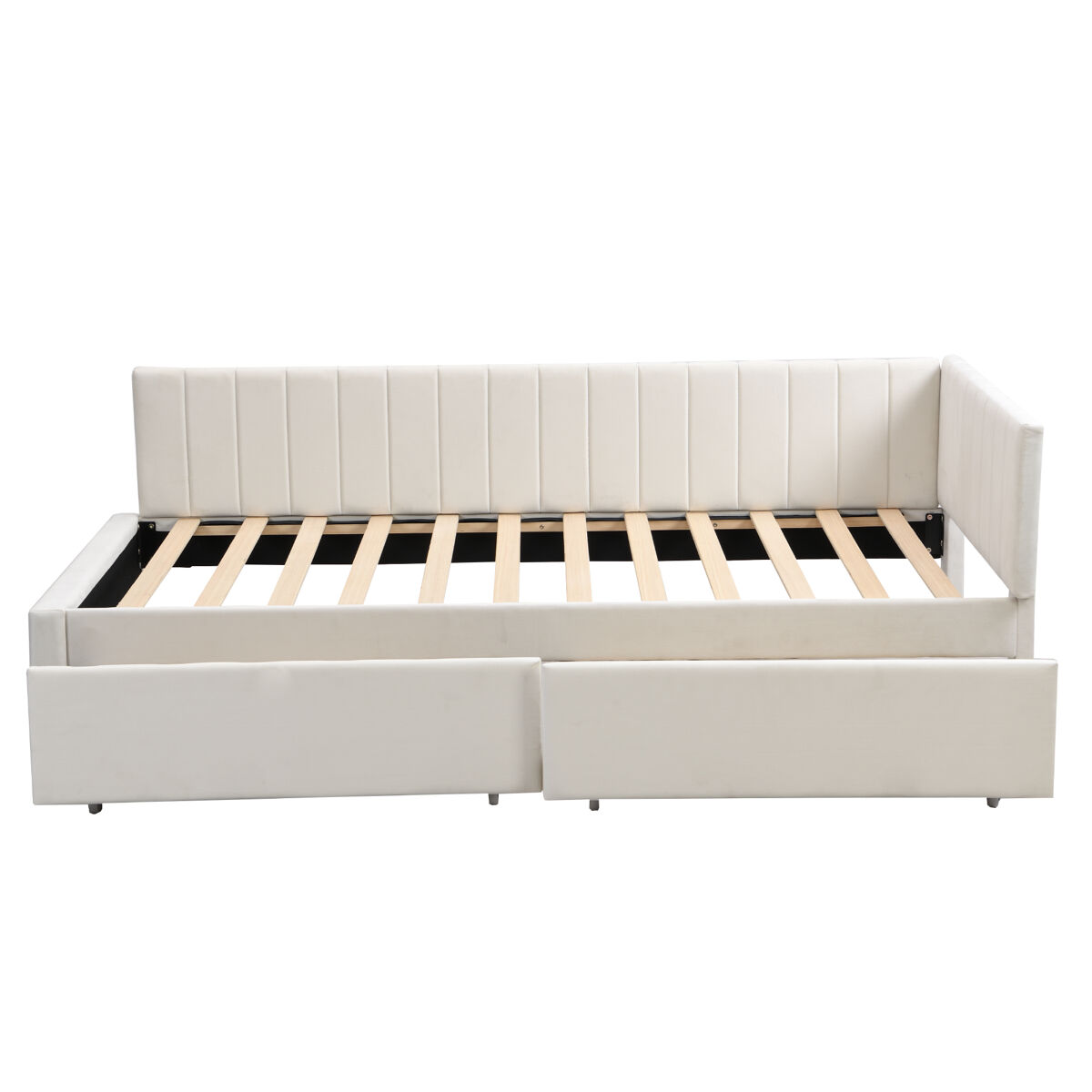 Sofá-cama estofado em veludo 90x200 cm - com 2 gavetas grandes e estrado de ripas - branco