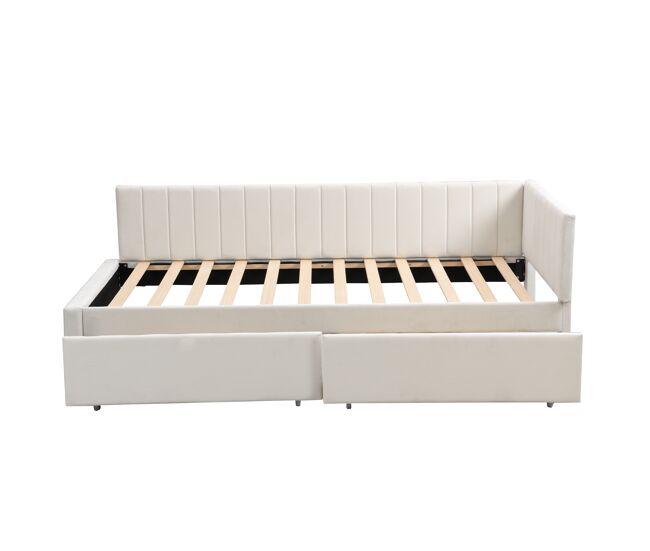 Sofá-cama estofado em veludo 90x200 cm - com 2 gavetas grandes e estrado de ripas - branco