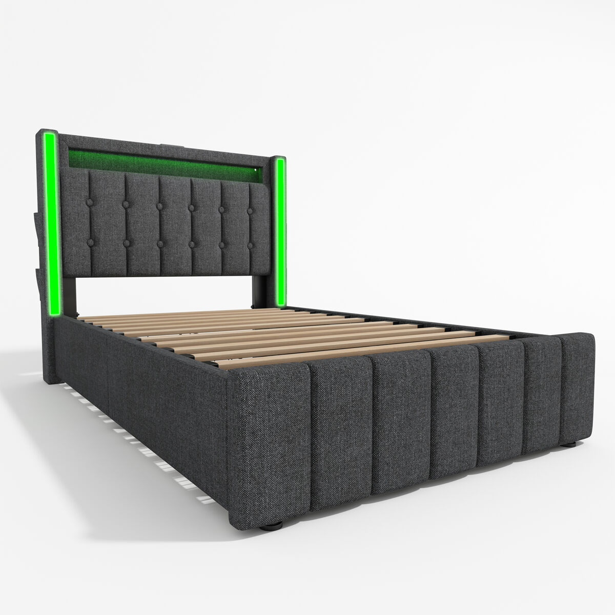 Cama estofada 90x200 cm - função usb tipo c, iluminação led e 2 gavetas - gris