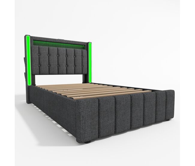 Cama estofada 90x200 cm - função usb tipo c, iluminação led e 2 gavetas - gris