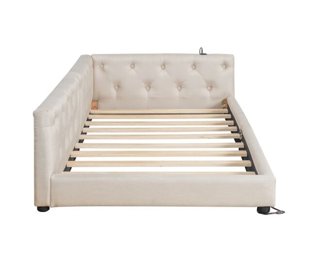 Sofá-cama 90x200 cm - com estrado, sem colchão, iluminação ambiente com comando, cabeceira acolchoada, usb+tipo-c, linho - bege
