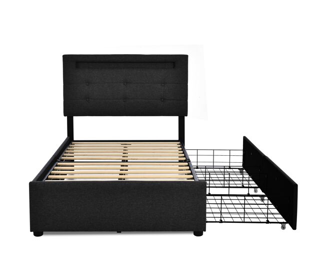 Cama estofada 90x200cm - com led e 2 gavetas, cabeceira ajustável, estrado de madeira, inclui colchão - preto