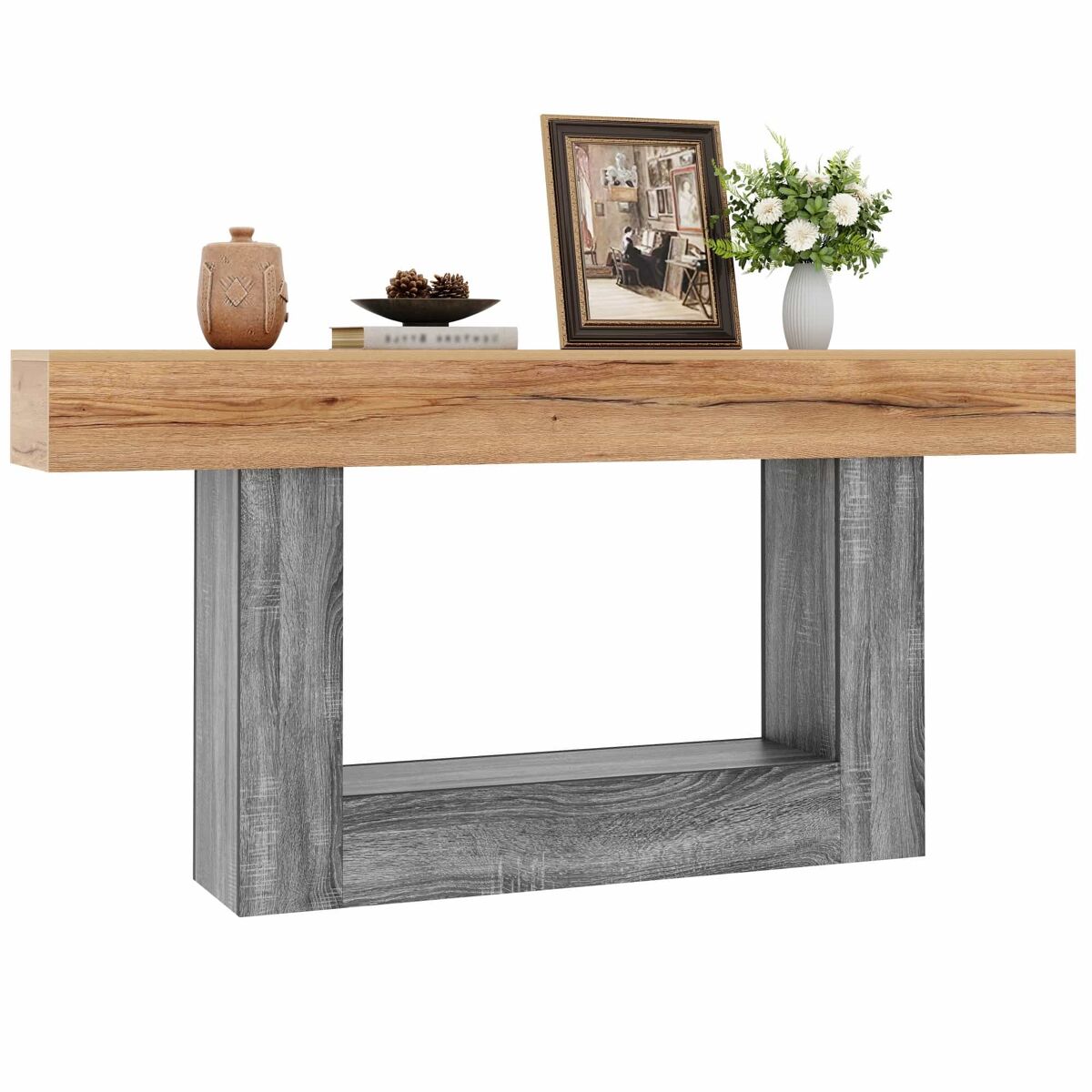 Mesa de entrada - mesa bicolor com acabamento em madeira, tampo espesso, prateleira inferior de arrumação, material aglomerado - natural