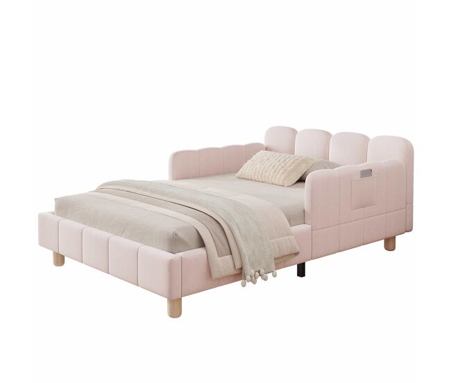 Cama individual estofada 90x200 cm - cabeceira acolchoada, proteção anti-queda, pés em madeira maciça - rosa