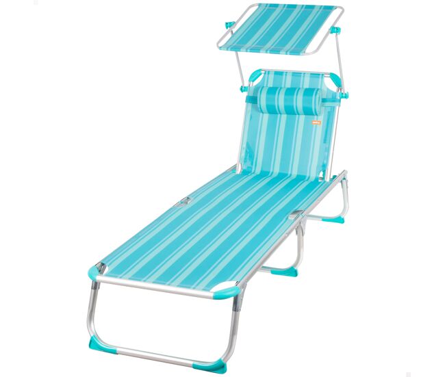Aktive espreguiçadeira de praia multiposições 186x49x30 cm turquesa com guarda-sol e almofada
