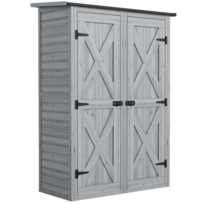 Outsunny casota de jardim em madeira 115x53x156 cm armário exterior com duas portas, 2 prateleiras e telhado inclinável, cinzento