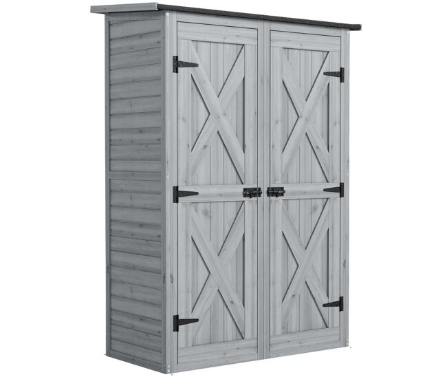 Outsunny casota de jardim em madeira 115x53x156 cm armário exterior com duas portas, 2 prateleiras e telhado inclinável, cinzento