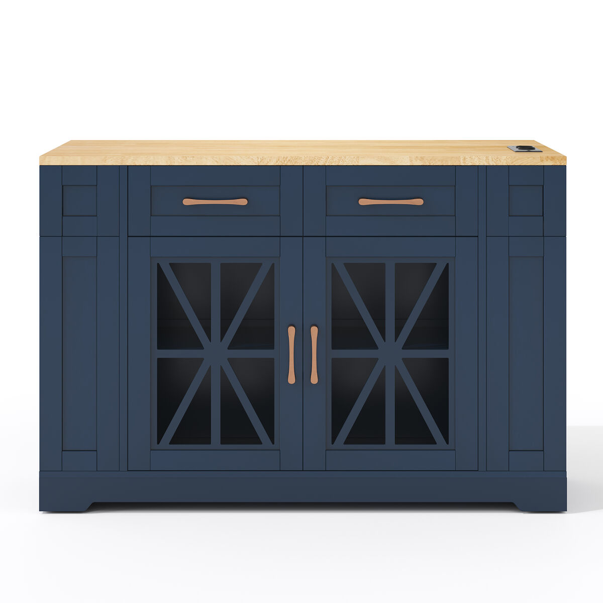 Ilha de cozinha 120 cm - mesa rebatível, prateleira aberta, tomada ac/usb, portas de vidro, rodízios - azul+natural