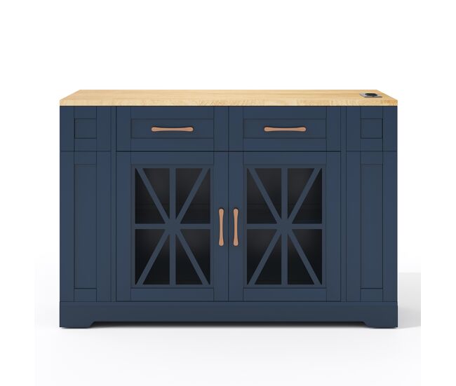 Ilha de cozinha 120 cm - mesa rebatível, prateleira aberta, tomada ac/usb, portas de vidro, rodízios - azul+natural