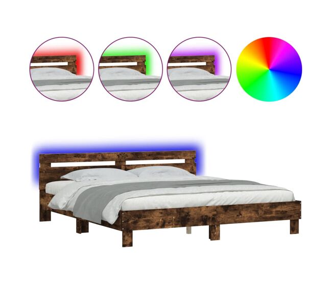 Estrutura cama de casal simple c/ cabeceira/luzes led 200x200cm carvalho fumado