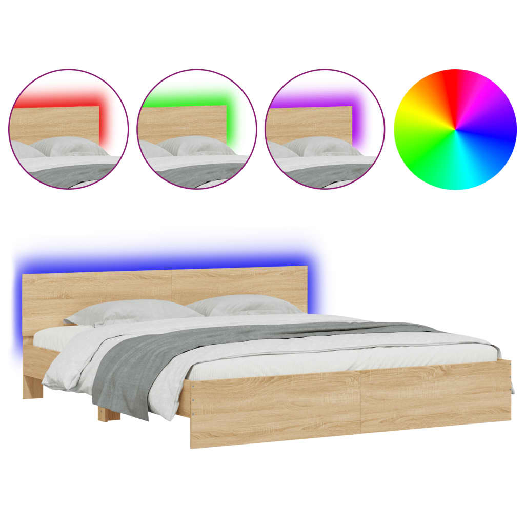 Estrutura cama de casal simple c/ cabeceira/luzes led 200x200cm carvalho sonoma