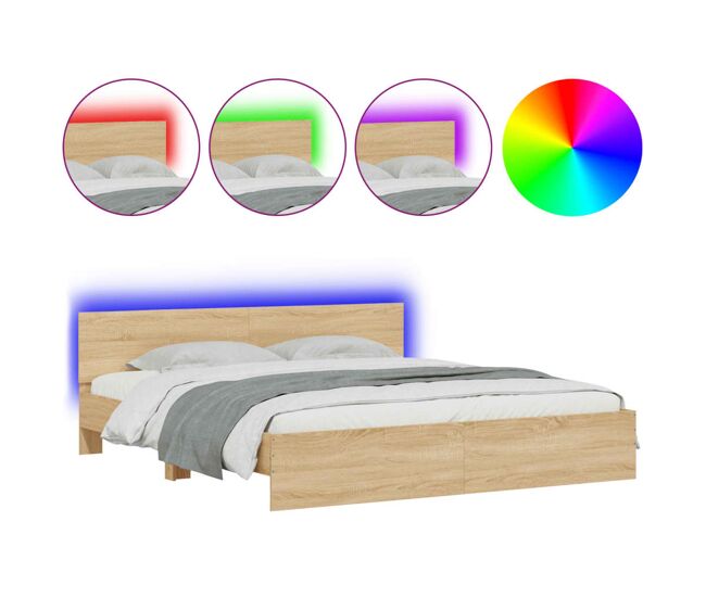Estrutura cama de casal simple c/ cabeceira/luzes led 200x200cm carvalho sonoma
