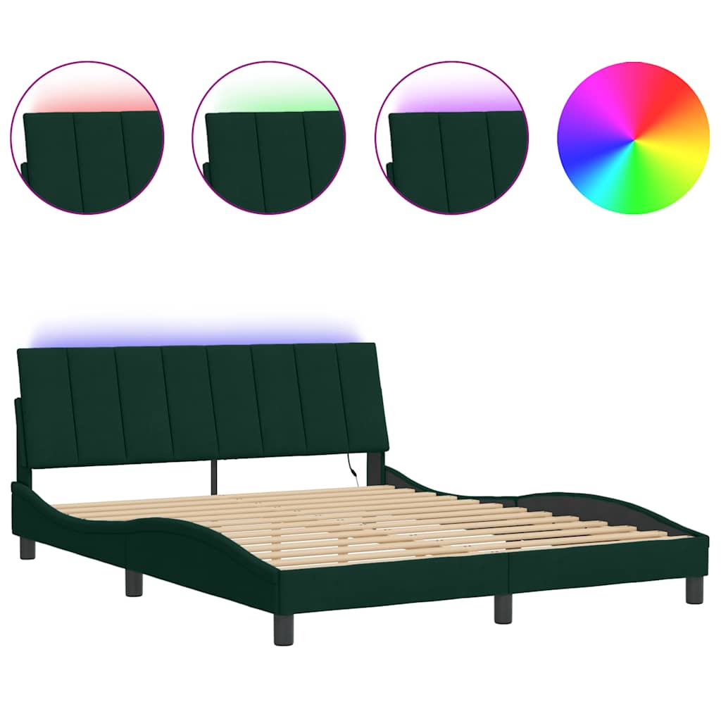Estrutura de cama de casal moderno com led - 160x200 cm veludo verde-escuro
