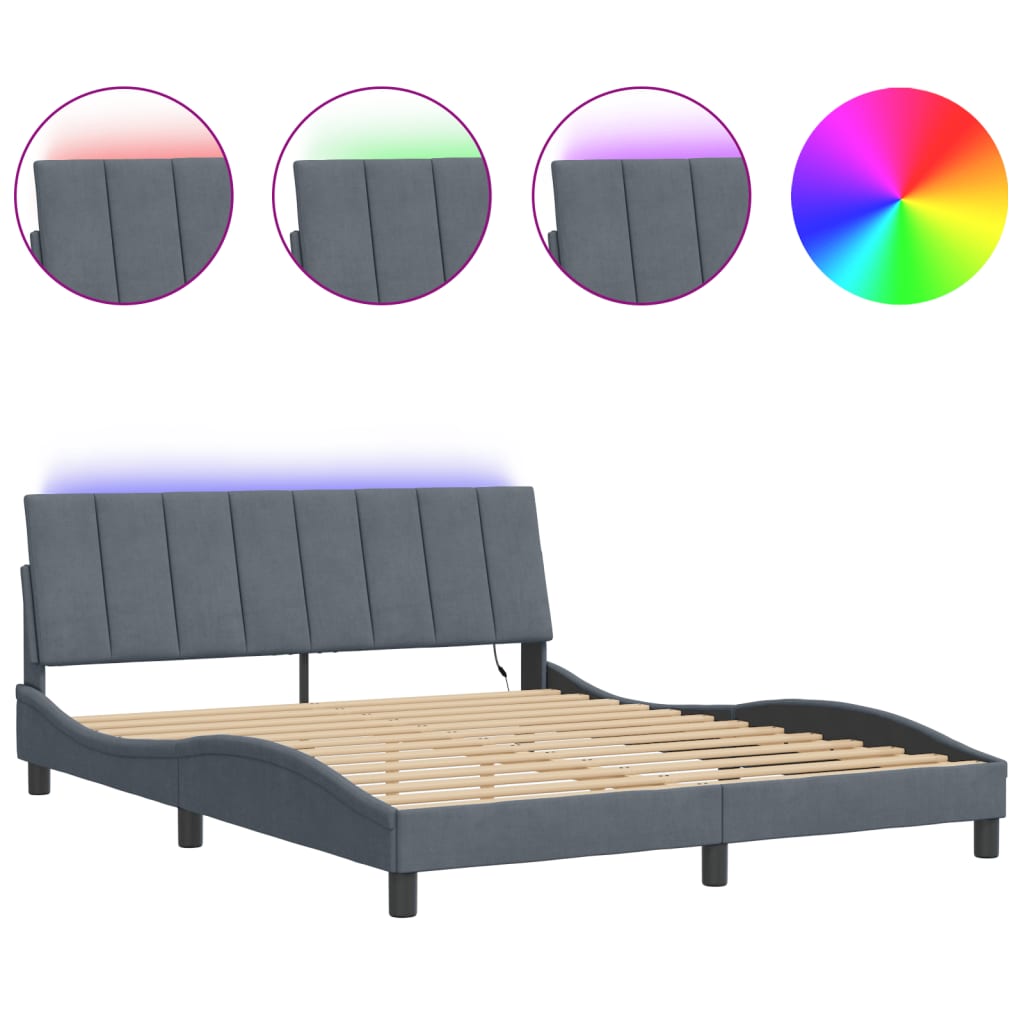 Estrutura de cama de casal moderno com led - 160x200cm veludo cinzento-escuro