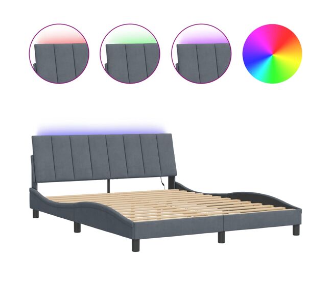 Estrutura de cama de casal moderno com led - 160x200cm veludo cinzento-escuro