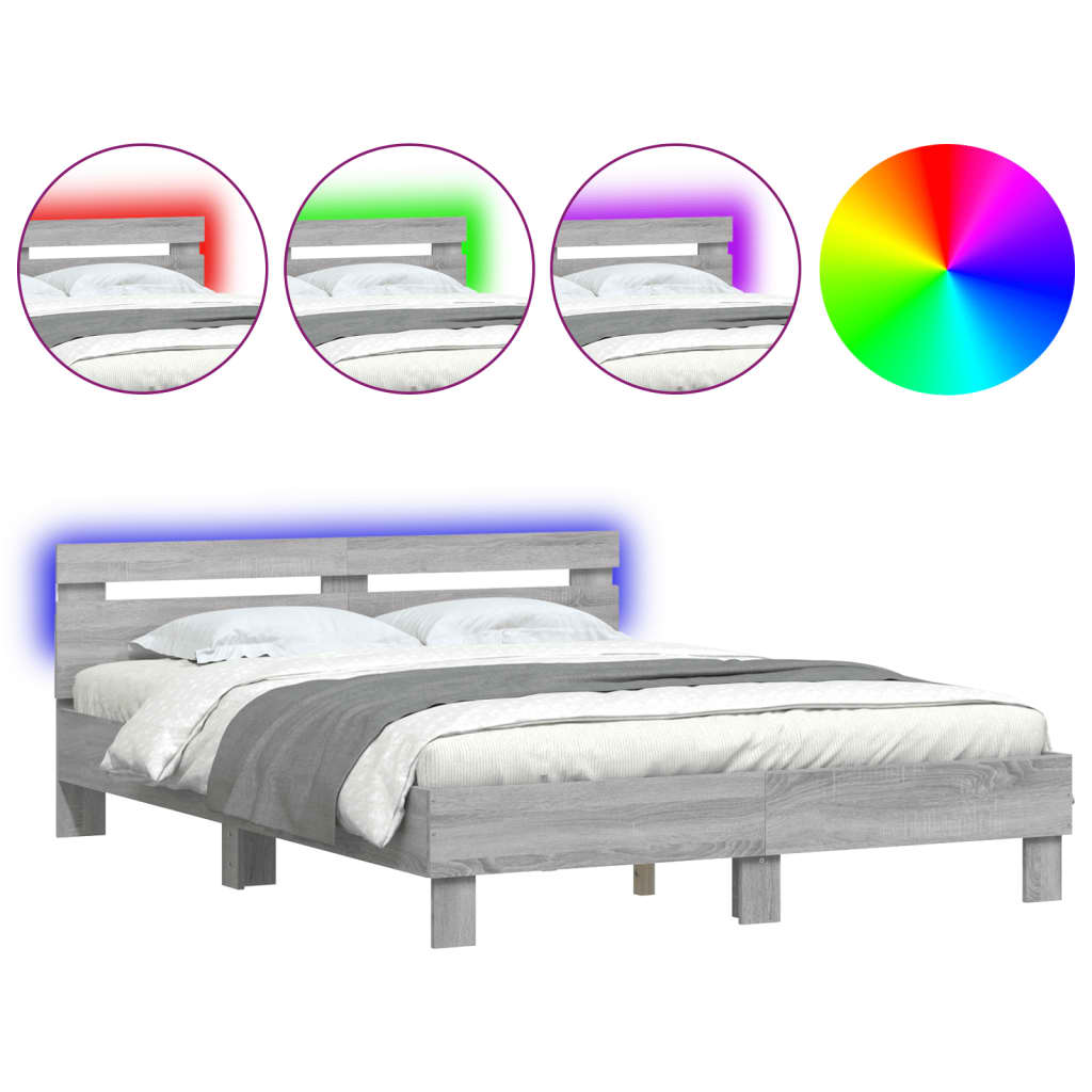 Estrutura de cama de casal c/ cabeceira/luzes led - 150x200cm cinzento sonoma