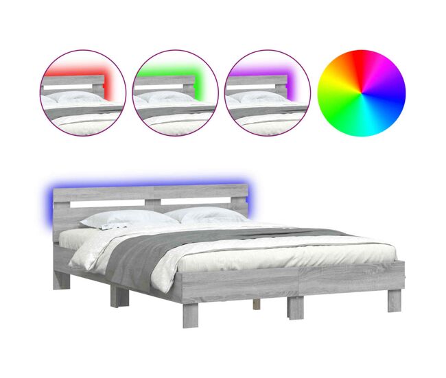 Estrutura de cama de casal c/ cabeceira/luzes led - 150x200cm cinzento sonoma