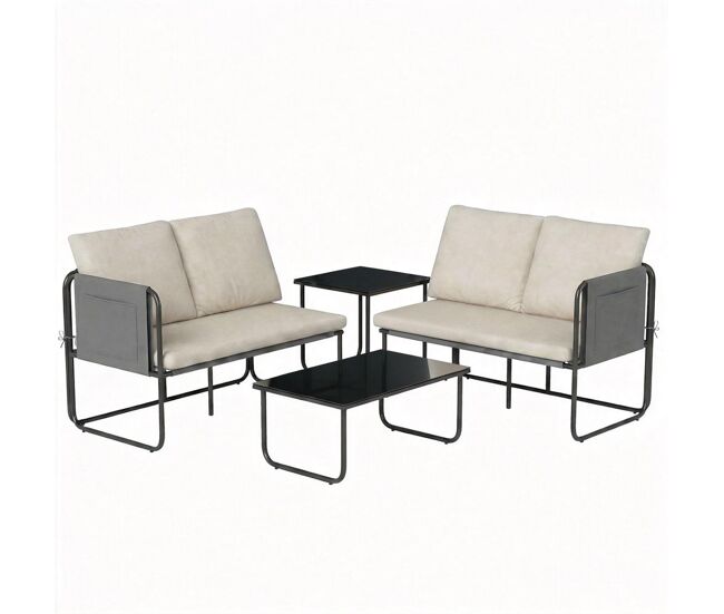 Outsunny conjunto de jardim de 4 peças móveis de exterior com 2 sofás de 2 lugares 2 mesas de vidro almofadas capas removíveis bolsos tecido textilene