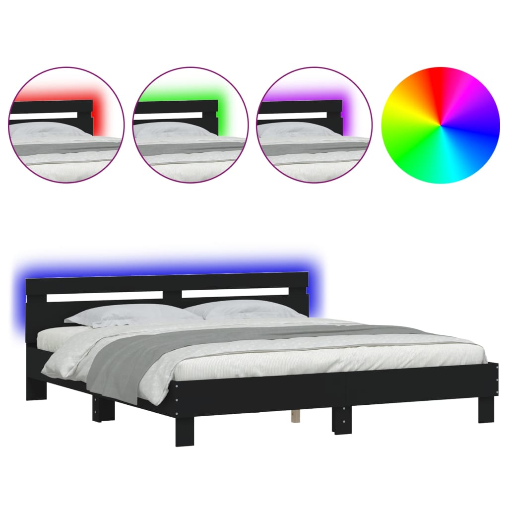 Estrutura de cama de casal para adultos com cabeceira e luzes led 200x200 cm preto