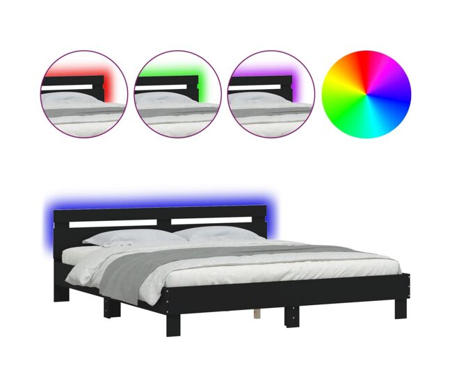 Estrutura de cama de casal para adultos com cabeceira e luzes led 200x200 cm preto