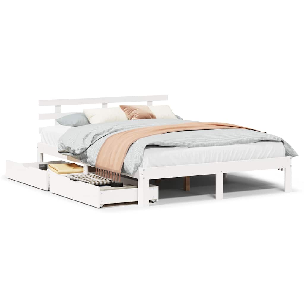 Estrutura de cama de casal moderno c/ gavetas - 150x200 cm pinho maciço branco