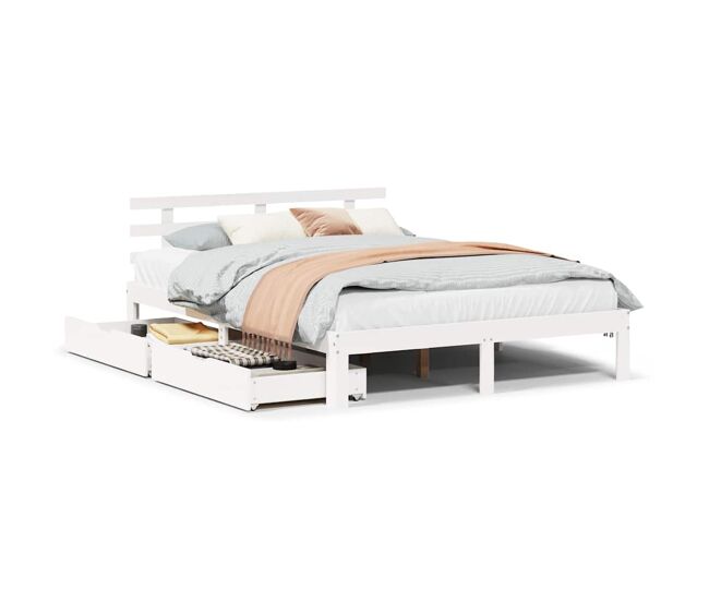 Estrutura de cama de casal moderno c/ gavetas - 150x200 cm pinho maciço branco