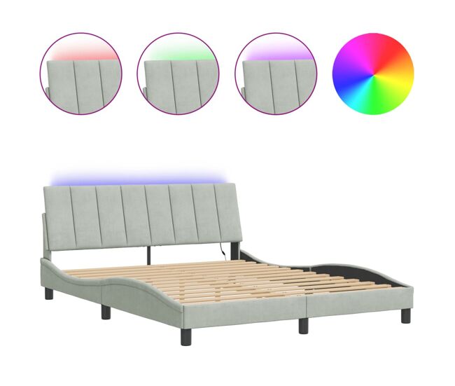 Estrutura de cama de casal moderno com led - 160x200 cm veludo cinzento-claro