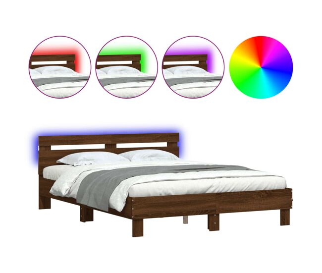 Estrutura de cama de casal c/ cabeceira/luzes led - 150x200 cm carvalho castanho