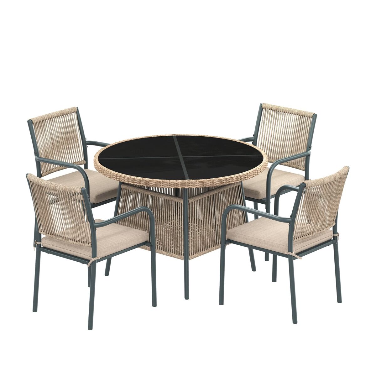 Conjunto de jardim para 4 pessoas - mesa redonda de vidro e 4 cadeiras de vime - cinza