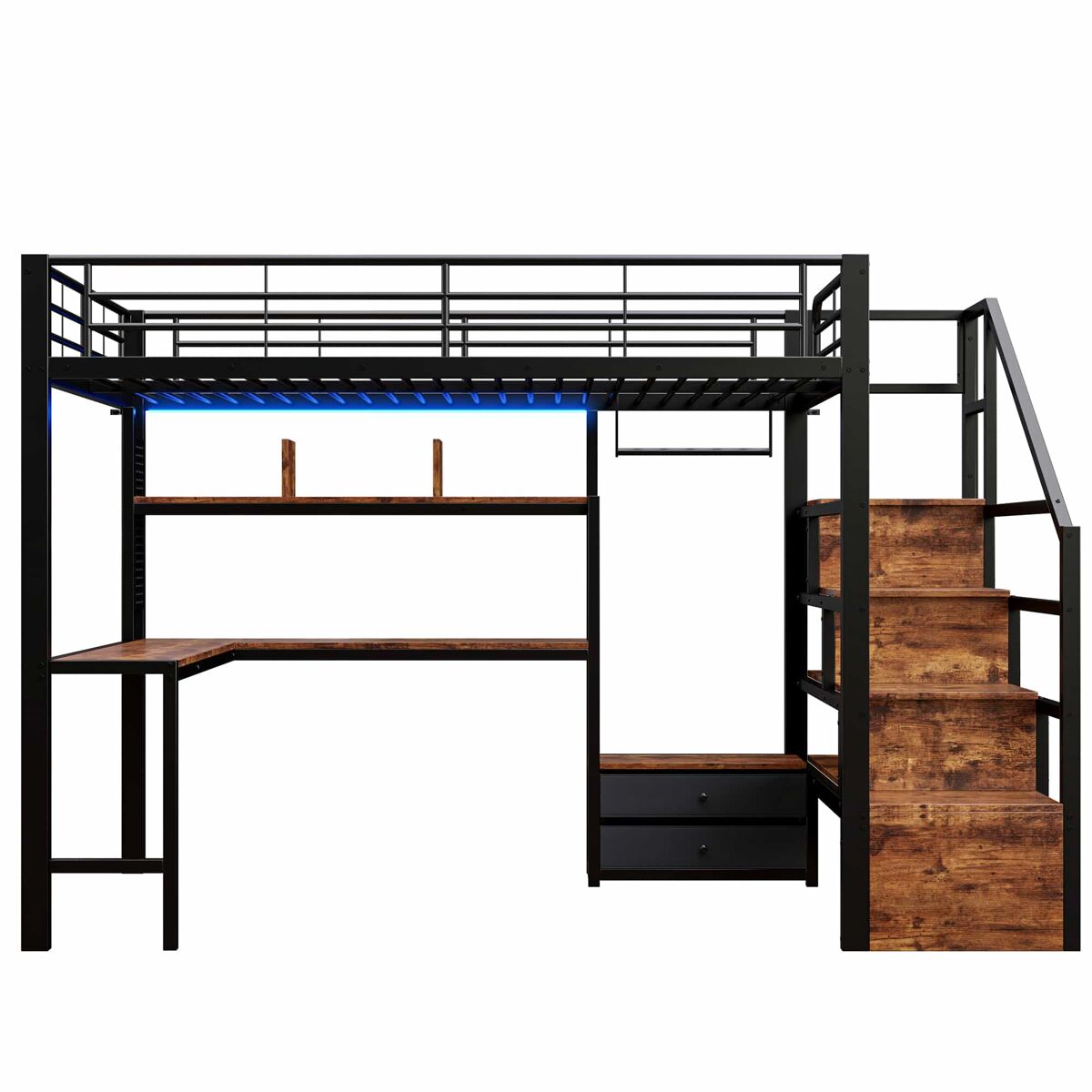 Cama alta 140 x 200 cm - estrutura em ferro com secretária, 2 gavetas, grelha para pendurar objetos, faixa de led, escadas com espaço de arrumação -