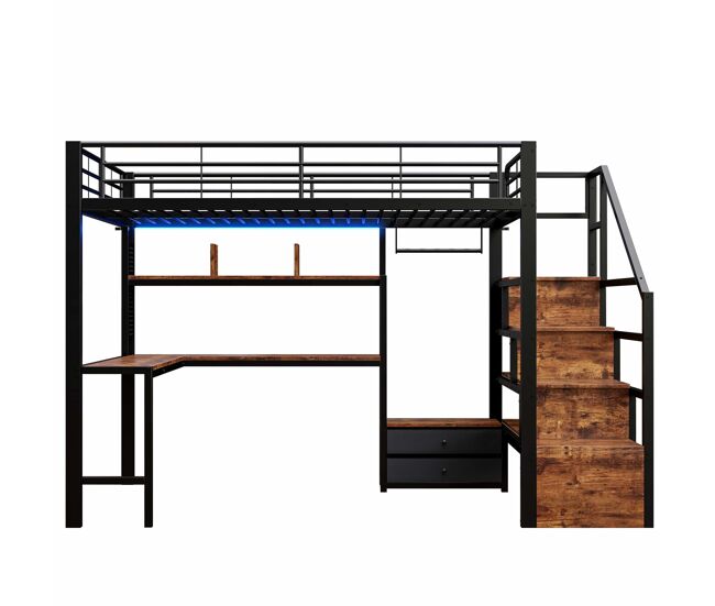 Cama alta 140 x 200 cm - estrutura em ferro com secretária, 2 gavetas, grelha para pendurar objetos, faixa de led, escadas com espaço de arrumação -