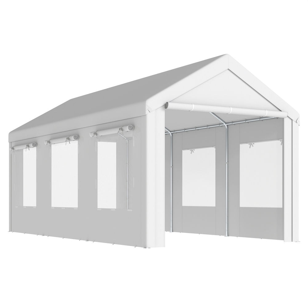 Outsunny abrigo de garagem portátil 3x6 m impermeável para carro com 2 portas enroláveis e 6 janelas em rede, altura ajustável, estrutura em aço galvanizado, upf30+, telheiro de armazenamento branco