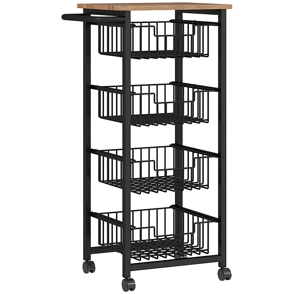 Homcom carrinho de cozinha verdureiro com rodas e 4 cestos deslizáveis estrutura de aço 49,5x31x91 cm carvalho