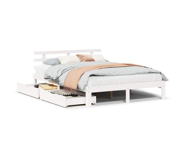 Estrutura de cama de casal moderno c/ gavetas - 140x200 cm pinho maciço branco