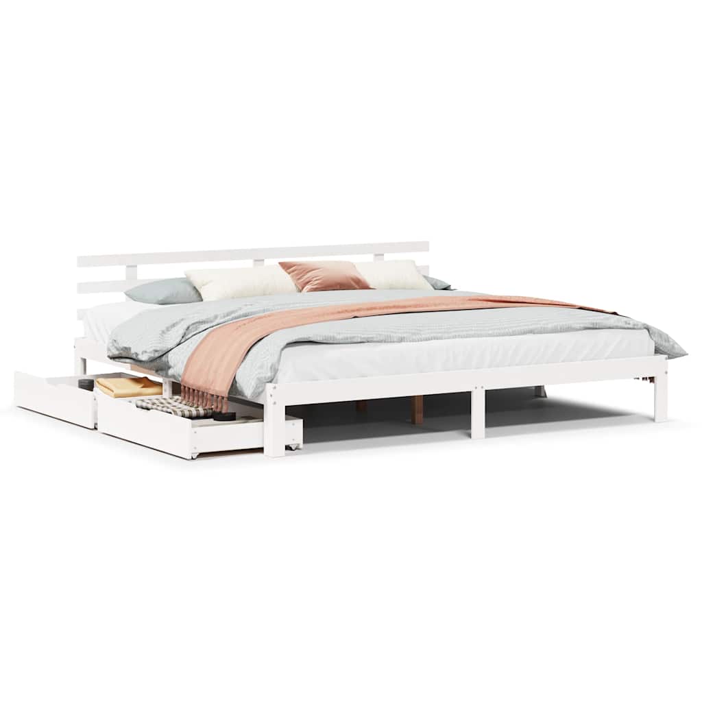 Estrutura de cama de casal simple c/ gavetas 180x200 cm pinho maciça branco