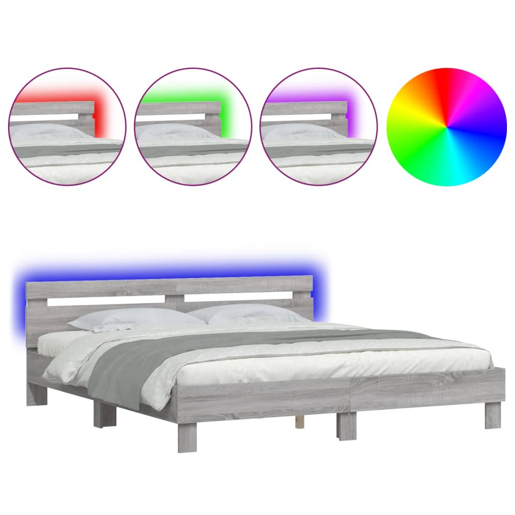 Estrutura de cama de casal c/ cabeceira/luzes led - 200x200cm cinzento sonoma