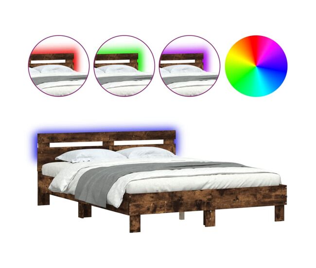 Estrutura cama de casal simple c/ cabeceira/luzes led 150x200cm carvalho fumado