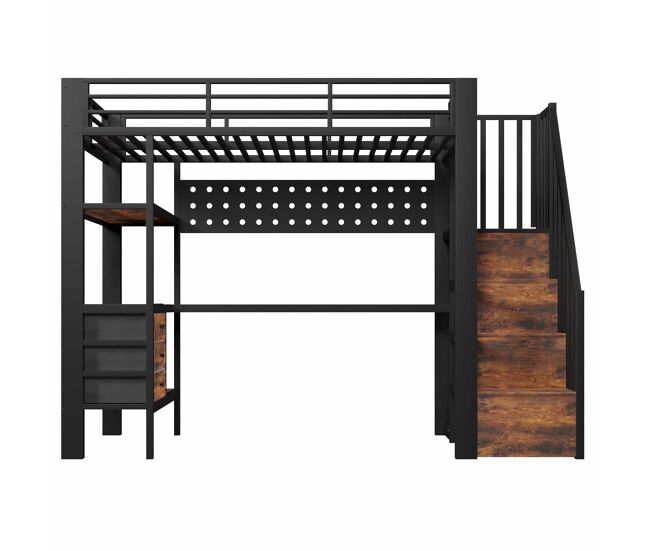 Cama alta 90x200 cm - em metal com secretária, gaveta, painel perfurado, prateleira, tomada e luz led, sem colchão - preta
