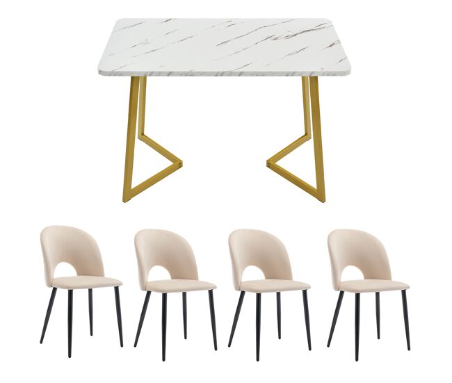 Conjunto de sala de jantar 117x68 cm - mesa retangular, 4 cadeiras, veludo bege, pernas douradas