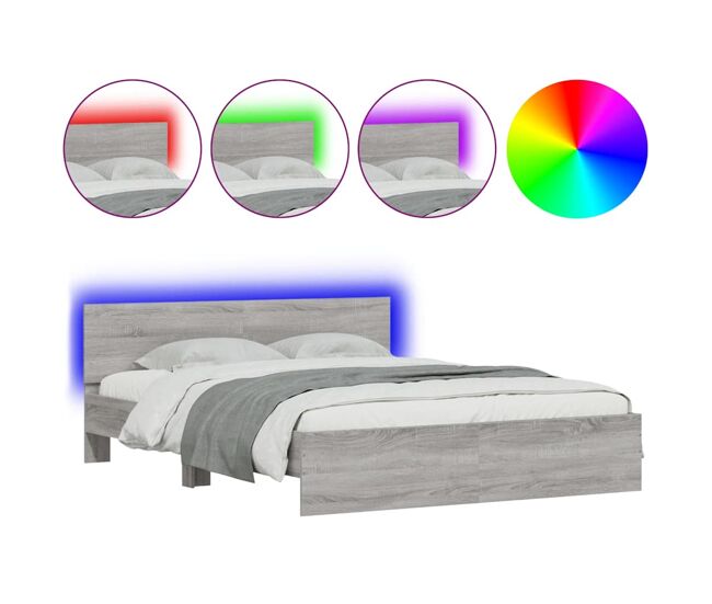 Estrutura de cama de casal c/ cabeceira/luzes led - 150x200cm cinzento sonoma
