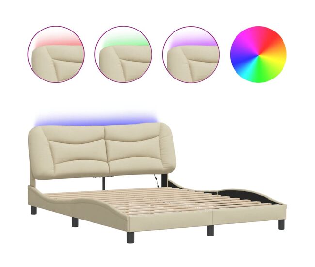 Estrutura de cama de casal moderno com led - 160x200 cm tecido creme
