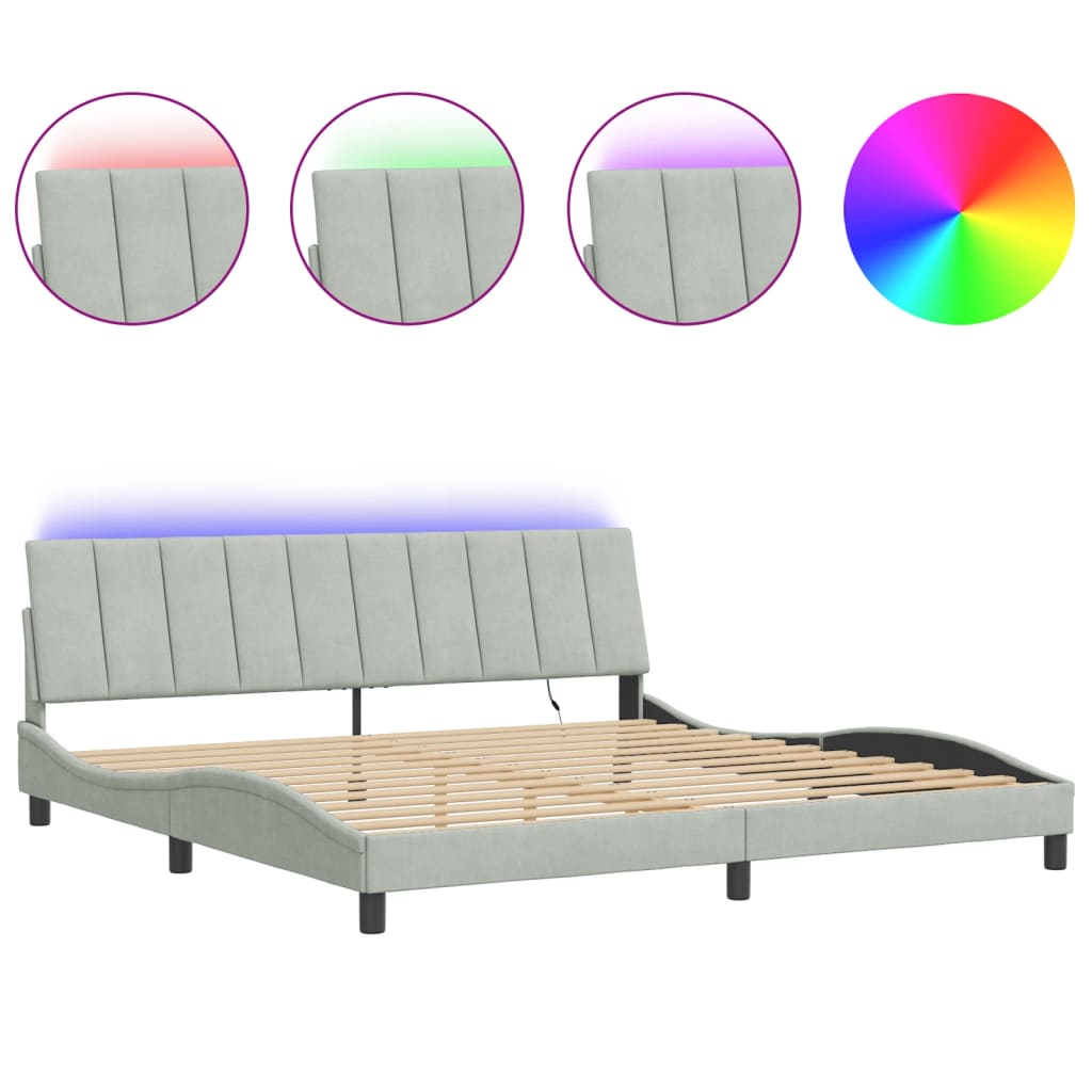 Estrutura de cama de casal moderno com led - 200x200 cm veludo cinzento-claro
