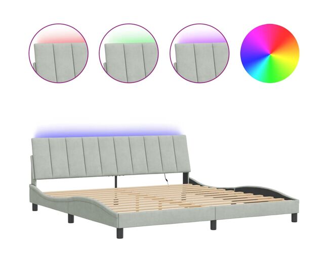 Estrutura de cama de casal moderno com led - 200x200 cm veludo cinzento-claro