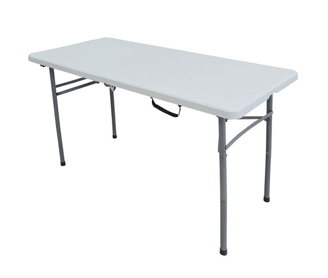 Mesa multifuncional com tampo rígido, pés dobráveis e alça.