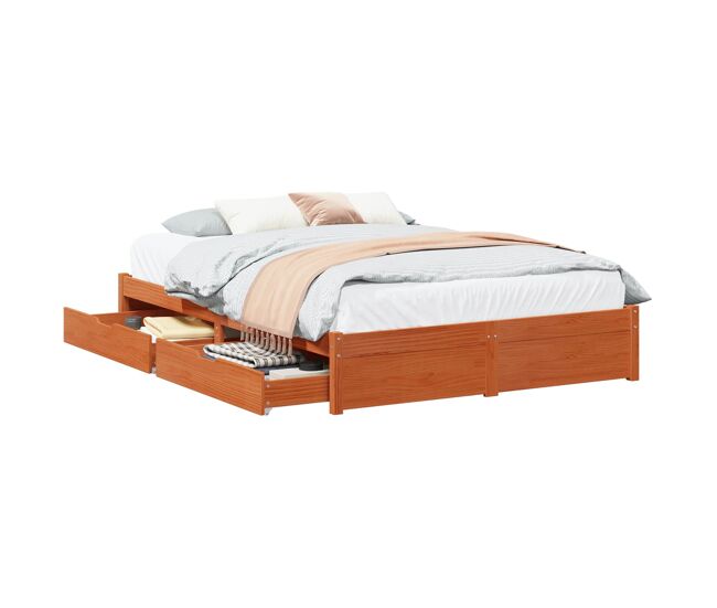Estrutura da cama de casal simple 3 pcs marrom cera madeira de pinho sólido