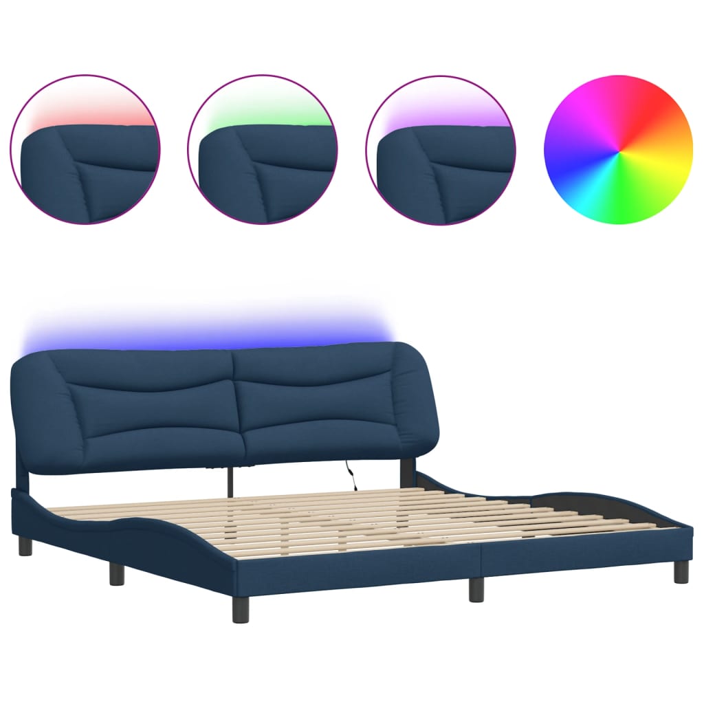 Estrutura de cama de casal moderno com led - 200x200 cm tecido azul