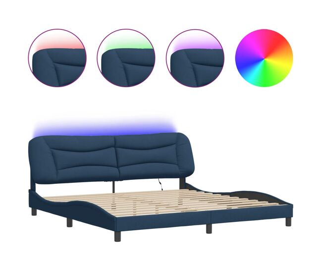 Estrutura de cama de casal moderno com led - 200x200 cm tecido azul