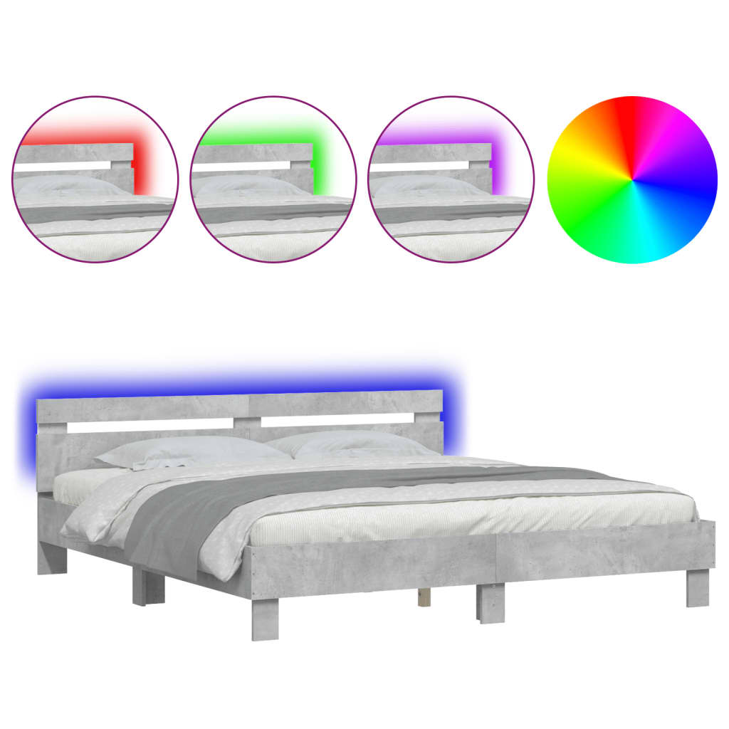Estrutura de cama de casal cabeceira e luzes led - 180x200cm cinzento cimento